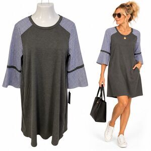 AGB Dress Womens XL Gray Striped Bell Sleeve Shift Casual Work Office Knee Lengt
